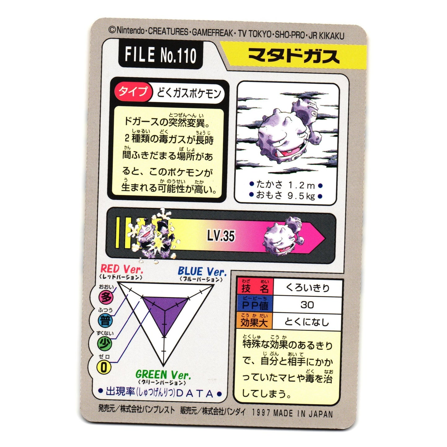 WEEZING NO. 110 BANDAI CARDDASS JAPANESE POKEMON TCG